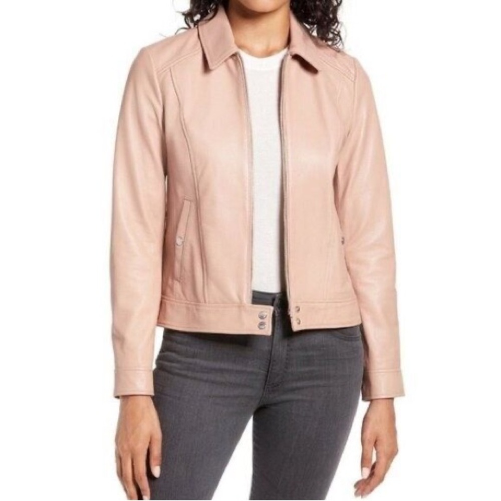 Cole Haan Smooth Lambskin Leather Moto Jacket Nude Pink Size Large